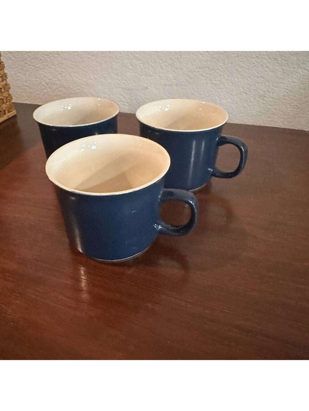 Vintage Stoneware Japan Navy Blue Coffee Mugs Set of 3